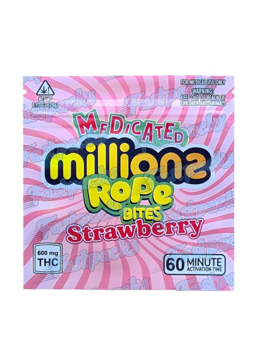 Medicated Millions Rope Bites ~ Strawberry ~ 600MG Mylar Bag