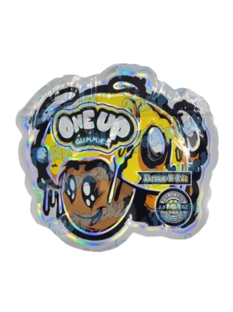 One Up Mushrooms ~ Shroom N Ride ~ Yellow 2.5G Holographic Die-Cut Mylar Bag (2022)