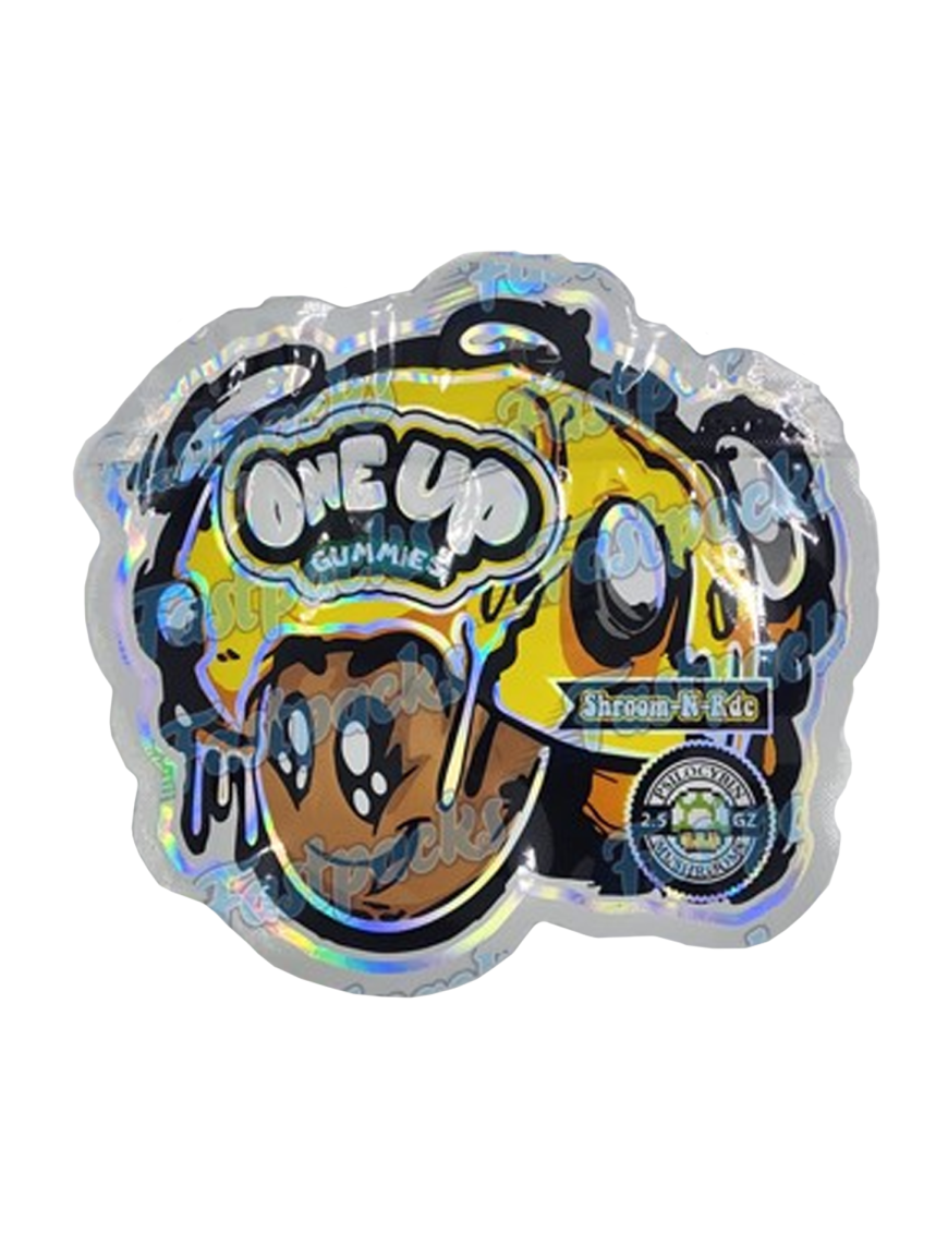 One Up Mushrooms ~ Shroom N Ride ~ Yellow 2.5G Holographic Die-Cut Mylar Bag (2022)