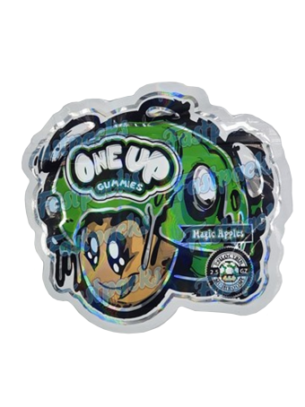 One Up Mushrooms ~ Magic Apples ~ Green 2.5G Holographic Die-Cut Mylar Bag (2022)