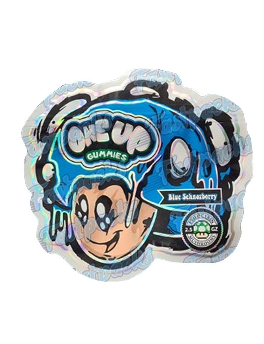 One Up Mushrooms ~ Blue Schnozberry ~ Blue 2.5G Holographic Die-Cut Mylar Bag (2022)